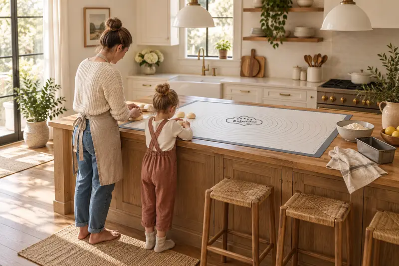 Extra Large Pastry Mat in use, dark grey border