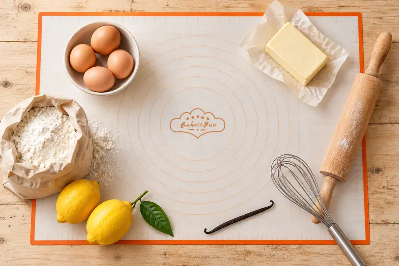 Eggs, butter, flour and a rolling pin around an orange-bordered pastry mat with the BakeitFun logo