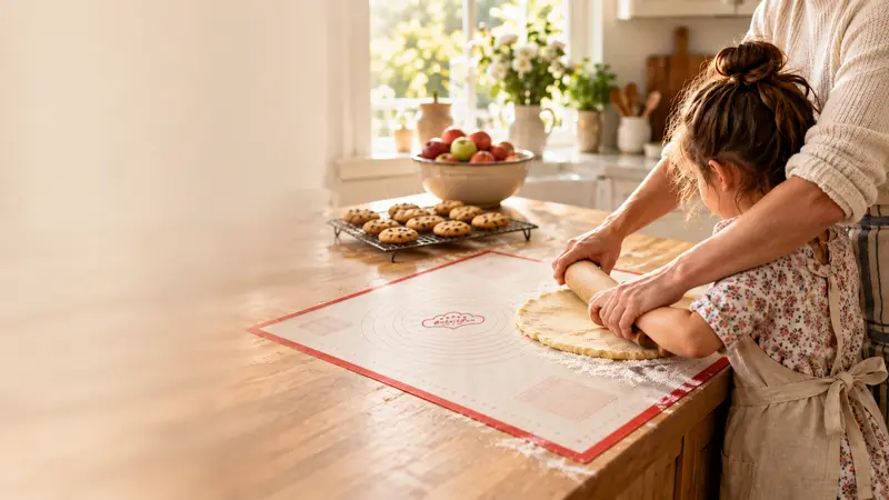 A parent and child rolling pie dough together on a red-bordered silicone pastry mat in a sunny kitchen
