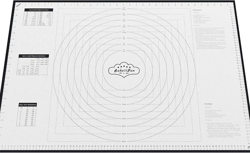 Extra Large Pastry Mat laid flat, dark grey border, with its printed markings