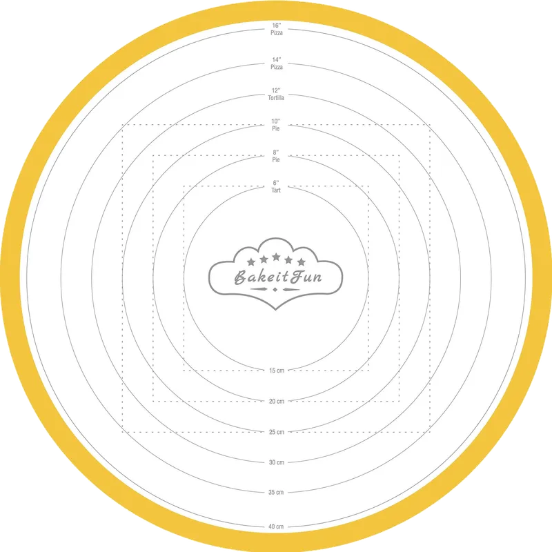 Round Pastry Mat laid flat, yellow border, with its printed markings