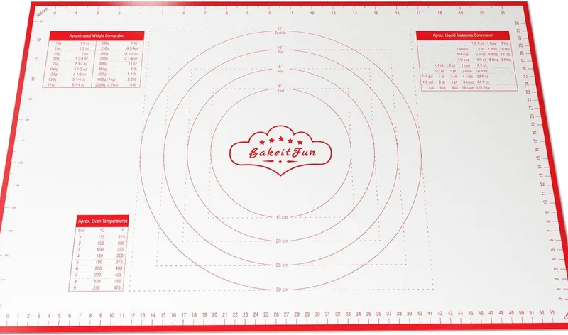Standard Pastry Mat laid flat, red border, with its printed markings