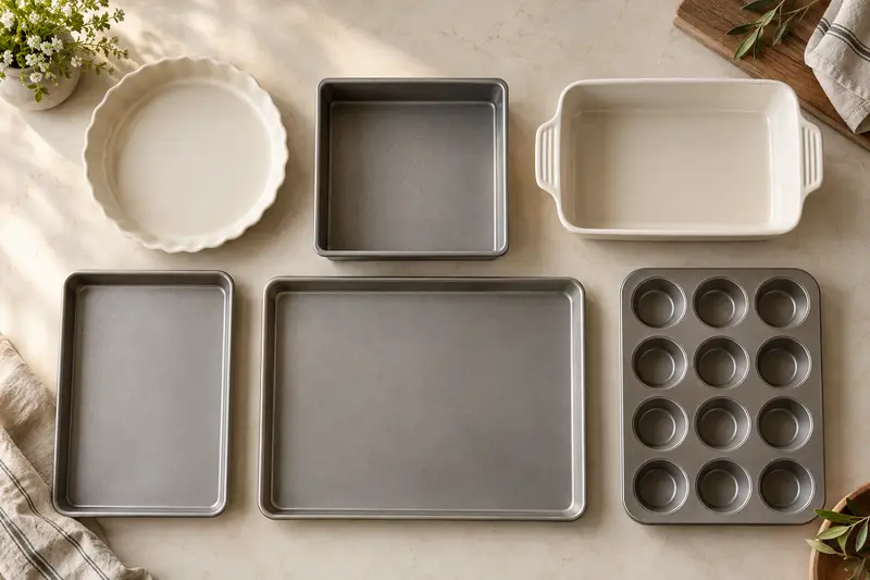 Pie dish, cake pan, baking dish, sheet pans and a muffin tray on a pale counter